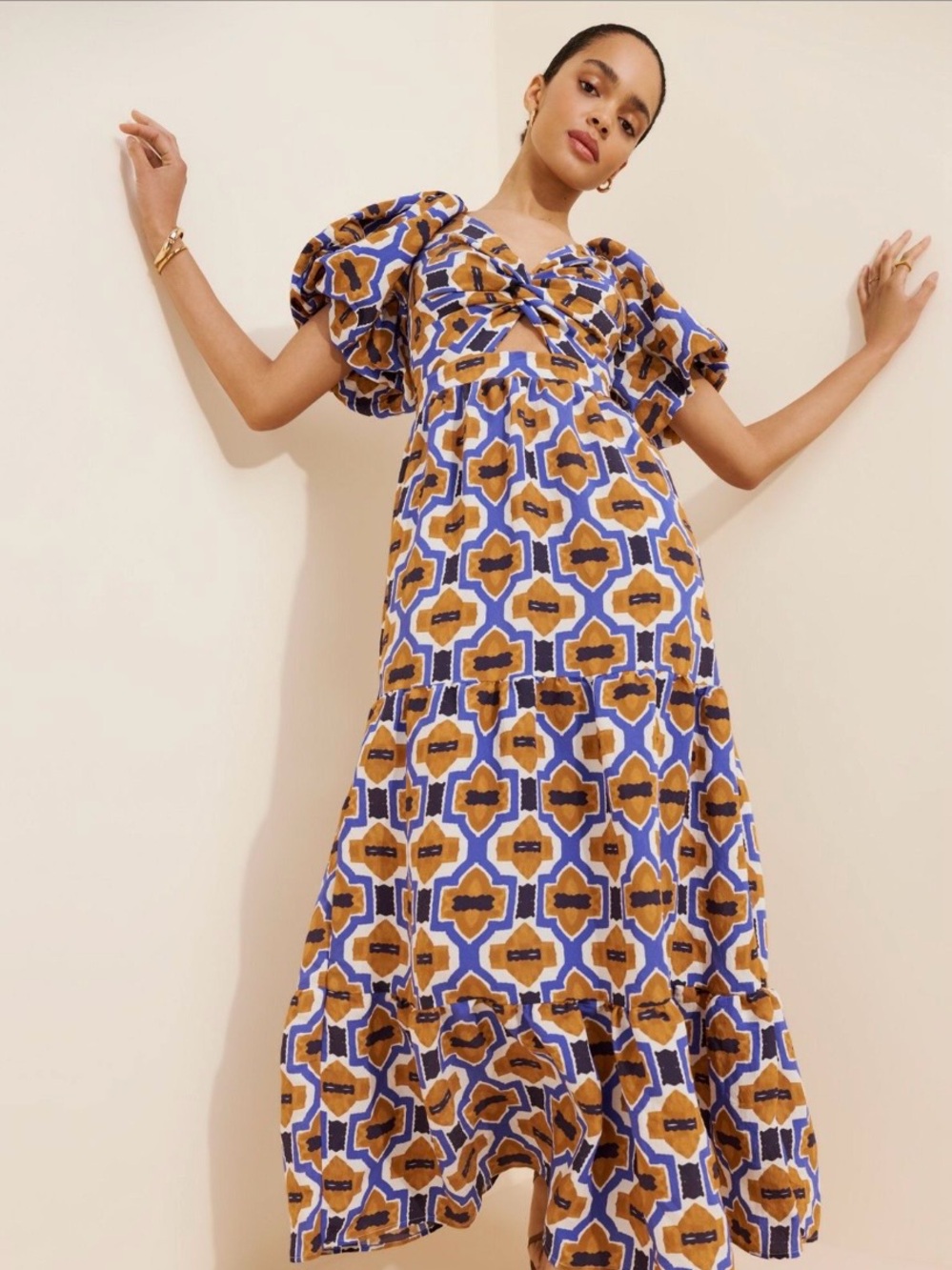 Anthropologie Geometric Puff-Sleeve Maxi Dress in Blue and Brown